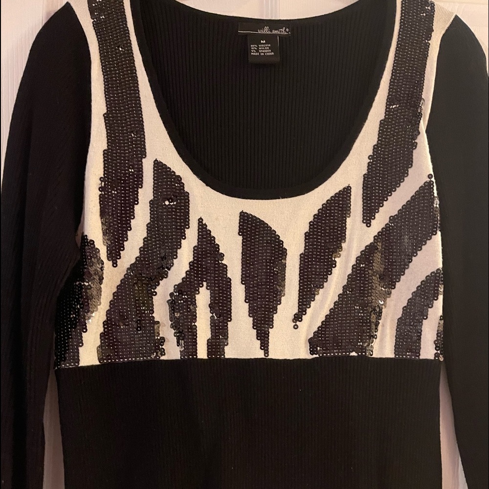 Willi Smith women black/white geometric print sequins sweater size M